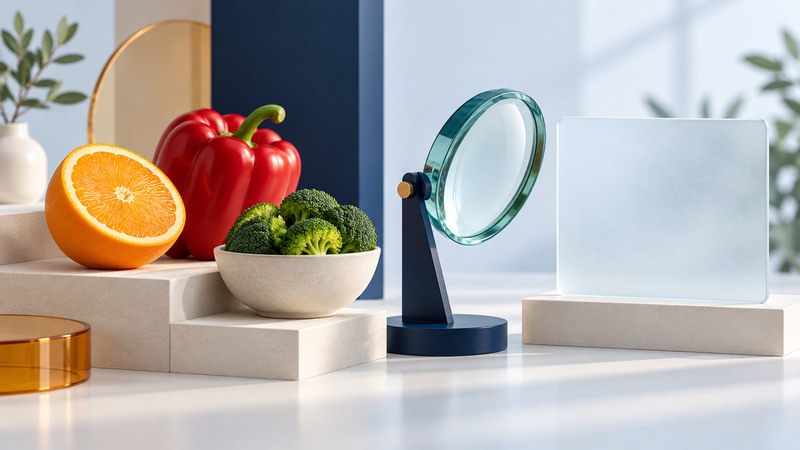 An orange, red pepper and broccoli sit beside a magnifying lens and a blank glass research card.