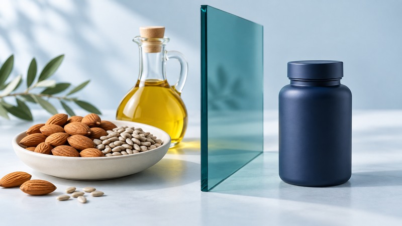 Almonds, sunflower seeds and a glass oil cruet sit apart from a navy supplement bottle.