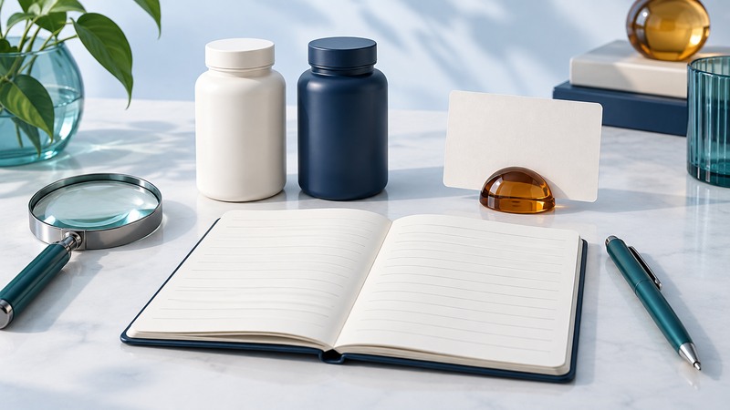 Two plain bottles, an open ruled notebook, a pen and a magnifying glass form a label-reading workspace.