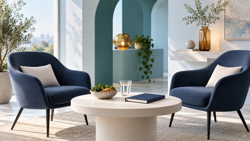 Two navy chairs face a table with a notebook, water glass and a small bowl of food.
