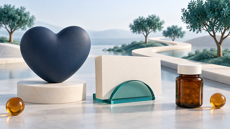 A navy heart sculpture sits beside blank research cards, a supplement bottle and a miniature walking path.