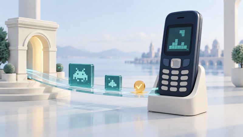 A generic keypad phone receives abstract game packages along a glass path from an ivory portal through an amber checkpoint.
