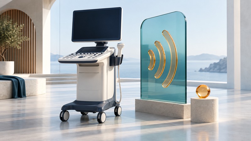 A conceptual ultrasound cart with a blank screen beside a teal panel bearing symbolic sound-wave arcs.