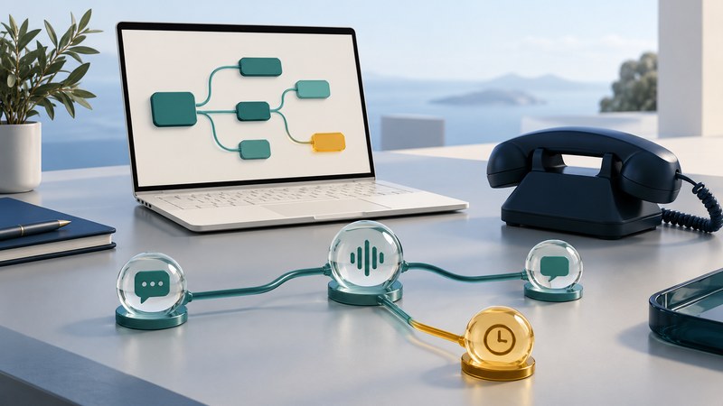 A laptop with abstract branching blocks beside a phone and glass nodes joined by teal paths.