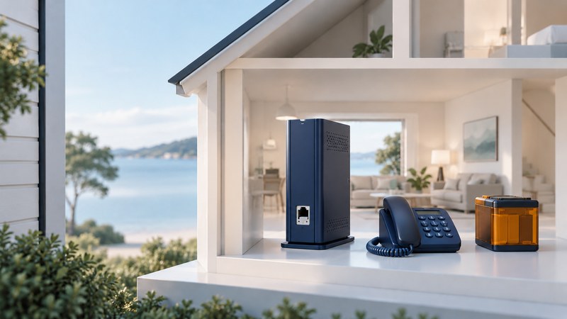A navy modem, desk phone and amber backup battery displayed separately in an ivory cutaway home.