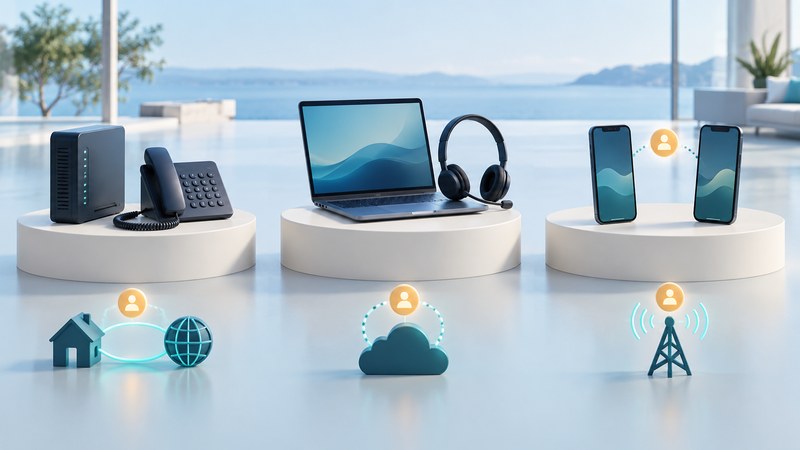 A gateway and phone, a laptop and headset, and two smartphones displayed on separate plinths.