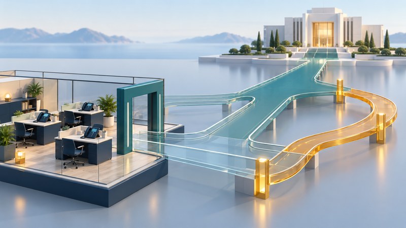 Office phones connect through a teal gateway to parallel glass paths and a distant service building.