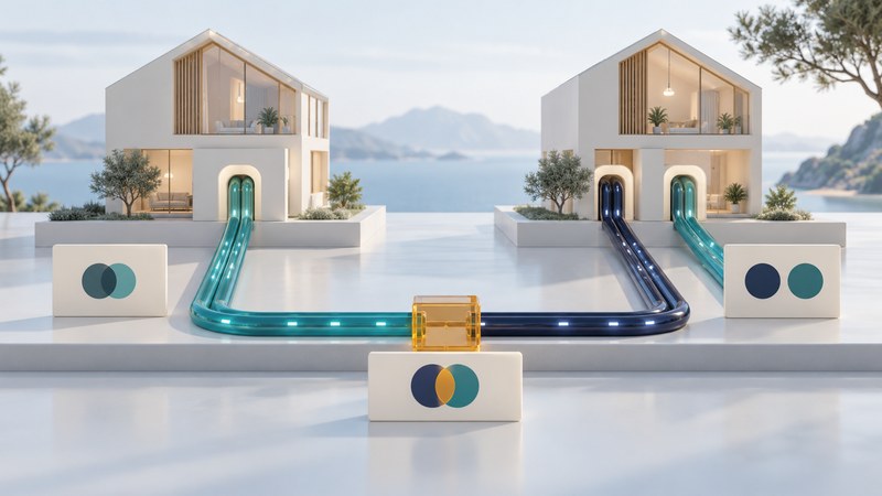Two ivory houses with teal and navy access paths, comparison cards and an amber junction.
