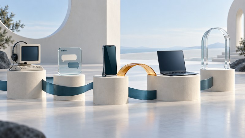 Five ivory plinths with communication devices connected by a teal ribbon and an amber bridge.