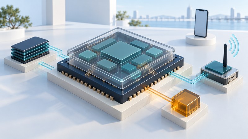 A stylized semiconductor package with glass layers and separate memory, radio and power blocks.