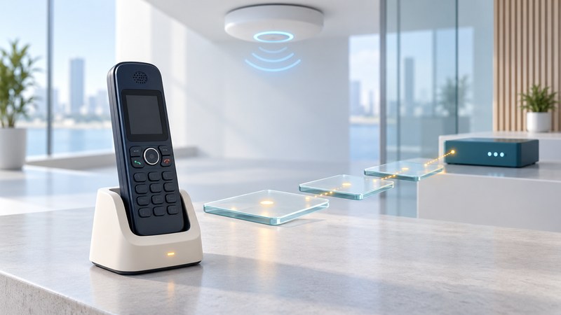 A dedicated navy wireless telephone in a charging cradle beside glass checkpoints and an access point.