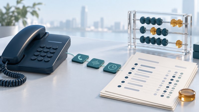 A navy desk phone beside an ivory invoice, glass counting instrument and amber token.