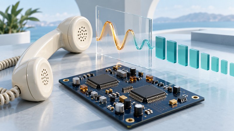Two unmarked integrated circuits on a navy board beside an analog handset and a glass waveform.
