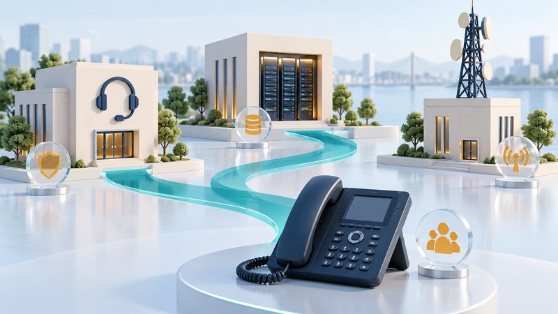 Three service buildings representing support, a platform and a network, connected toward a phone.