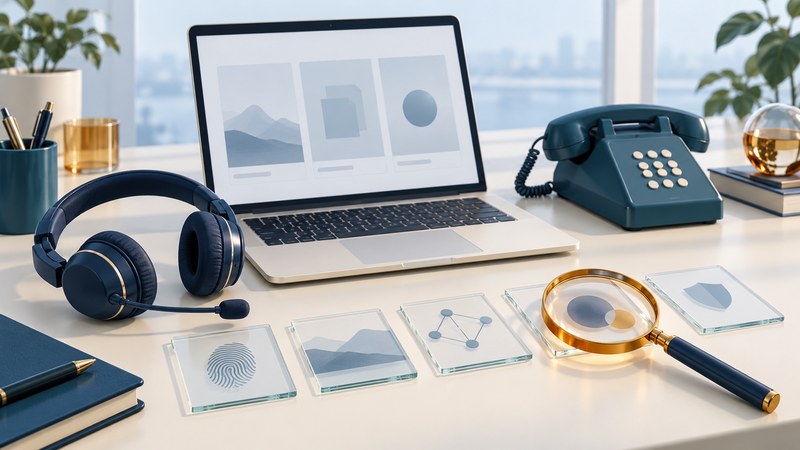 A support headset and laptop sit beside a teal phone, glass evidence cards and an amber magnifying lens.