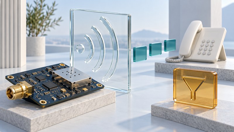 A navy RF board with a coax connector and shield beside a glass radio-wave panel and telephone.