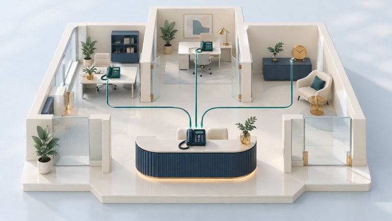 Teal paths connect a reception phone with rooms in a miniature ivory office.