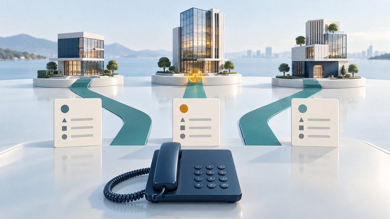 A navy phone faces three service buildings and three comparison cards connected by teal paths.