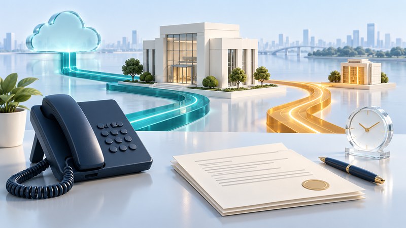 A phone and service building with two colored paths, a glass clock and agreement sheets.