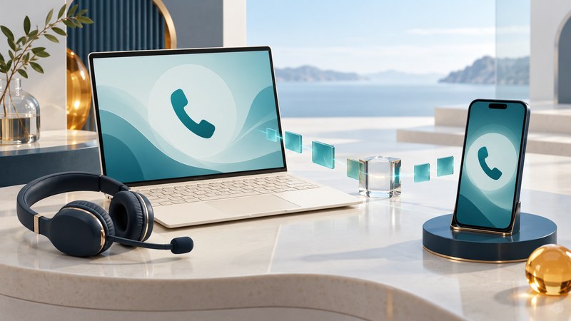 A laptop, smartphone and headset share a conceptual path of translucent teal packet tiles.