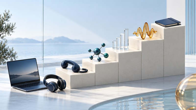 Ascending ivory steps hold a handset, network sculpture, glass bars, amber waveform and notebook beside a laptop.