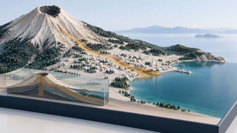 A conceptual volcanic landscape places a town between a steep cone and a lake, with an amber downslope strip and a cutaway model.