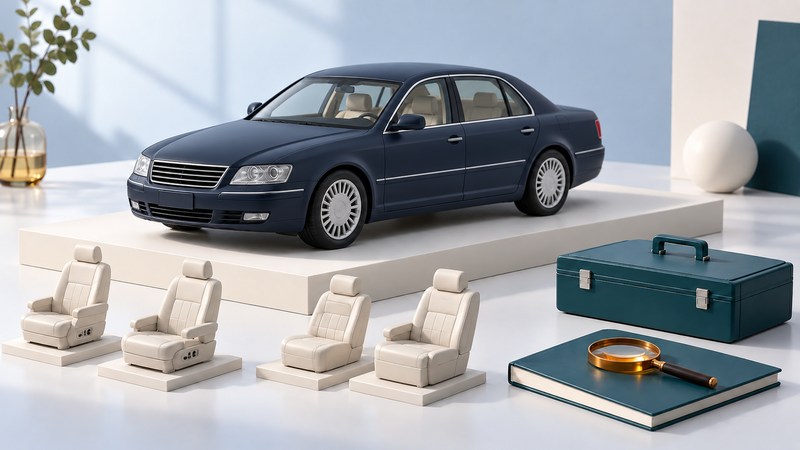 A navy executive sedan model stands beside four seat exhibits, a service case and an inspection notebook.