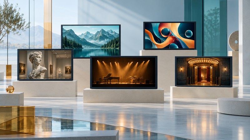 Five screens show art, landscape, animation, a concert stage and a cinema entrance on ivory plinths.
