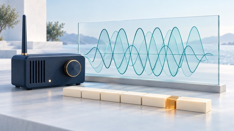A navy radio module sits beside a glass panel of overlapping waves and a row of symbol-time blocks.