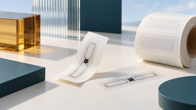Thin RFID labels and exposed conceptual inlays sit beside a roll of label stock and material samples.