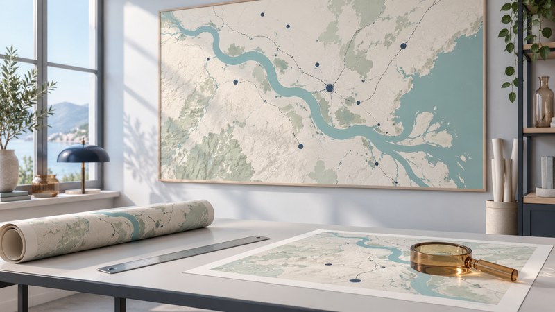 A planning room with an abstract wall map, rolled map, ruler, and print proof.