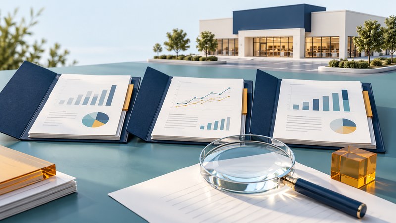 An unbranded miniature store stands behind report folders and a magnifying glass on a research desk.