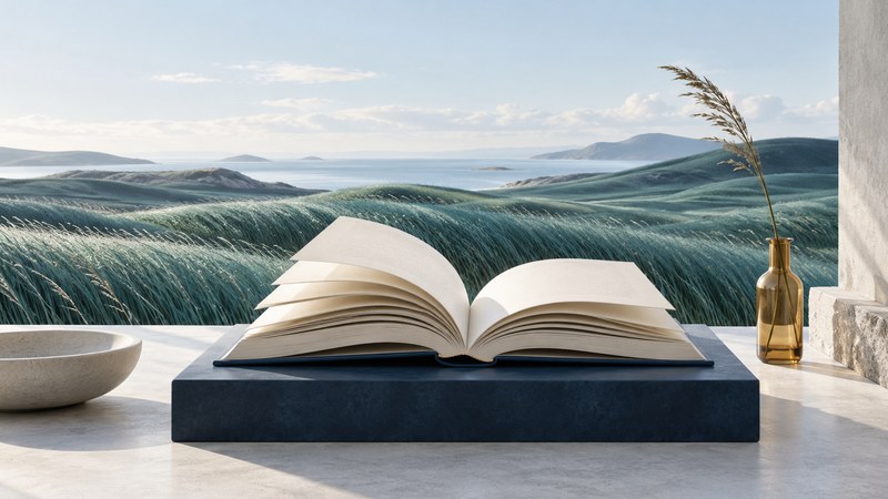 An open ivory book before a sweeping grass landscape.