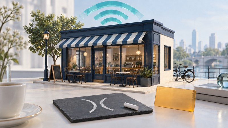 A miniature cafe stands behind a chalk-marked slate, chalk stick and amber invitation card beneath a conceptual wireless arc.