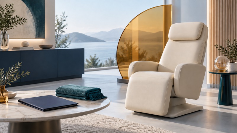 An empty ivory rehabilitation chair beside a folded teal textile, plain navy folder and amber glass sculpture.