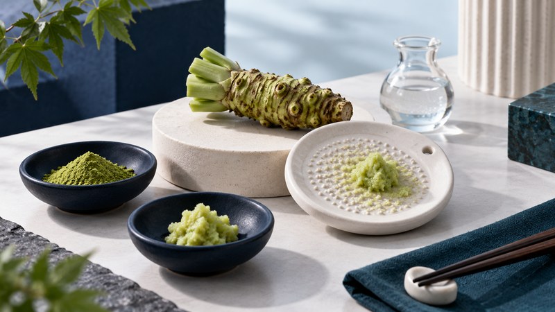 A knobby green wasabi rhizome beside a ceramic fine grater and separate dishes of powder and pale green paste.