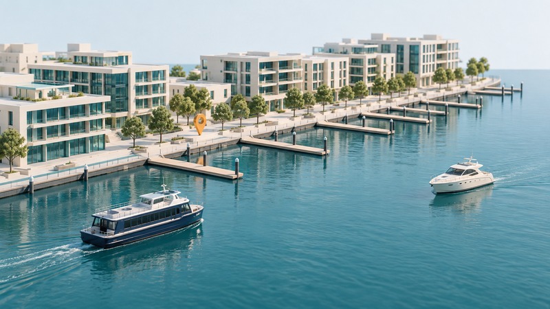 A conceptual urban waterfront has ivory buildings, a promenade, finger piers, a passenger ferry and a visiting motorboat.