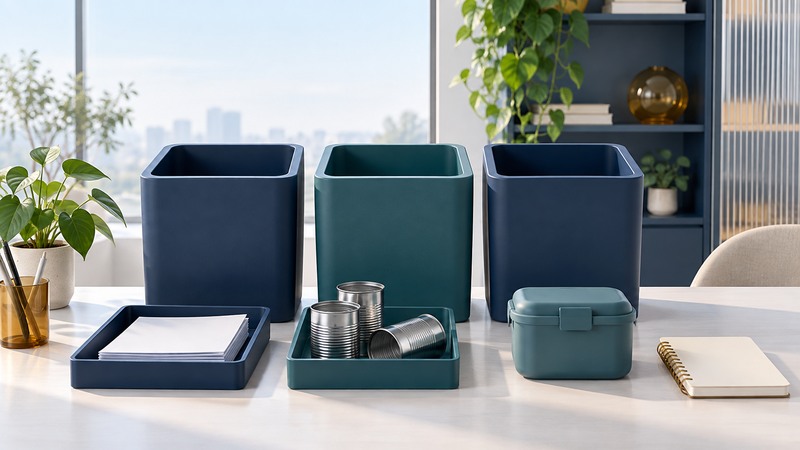 Separate navy and teal bins stand behind trays of paper and empty cans, a reusable container and a blank notebook.