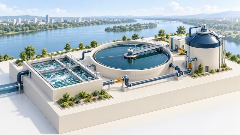 An editorial model places an aeration basin, circular clarifier and closed solids vessel beside a river.