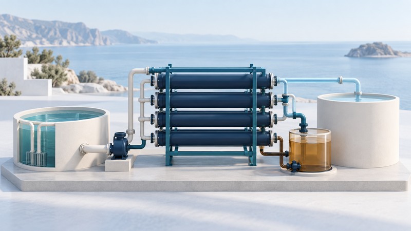 A conceptual membrane treatment model connects separate intake, product-water and amber concentrate vessels.