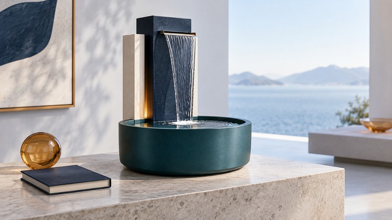 A small sculptural indoor fountain directs water into a broad teal basin on a stone surface.