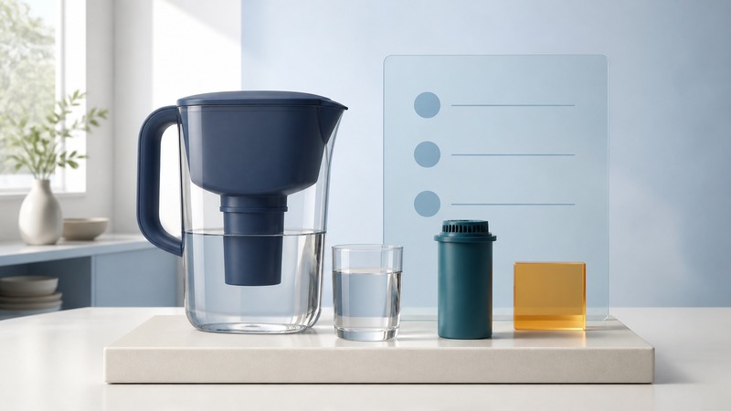 A navy filter pitcher, clear drinking glass, and teal cartridge stand before a glass comparison panel on an ivory counter.