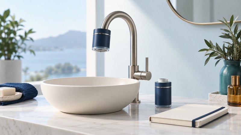 A faucet with a conceptual navy point-of-use attachment, a spare cartridge, and a blank maintenance notebook.