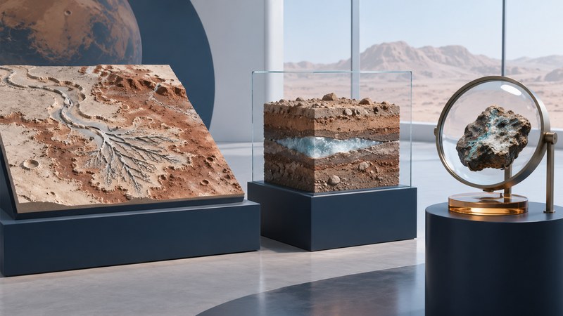 Separate conceptual exhibits of an ancient delta, buried ice and a mineral specimen.