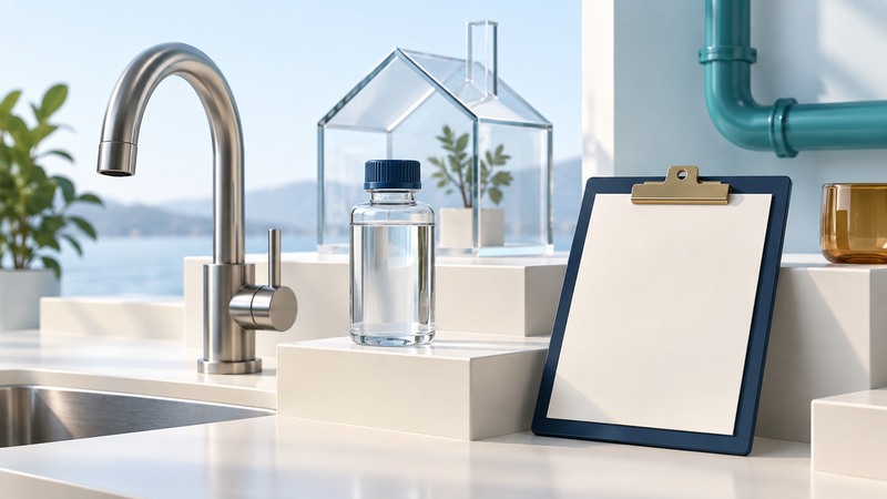 A tap, closed sample bottle and blank clipboard sit beside a glass house outline.