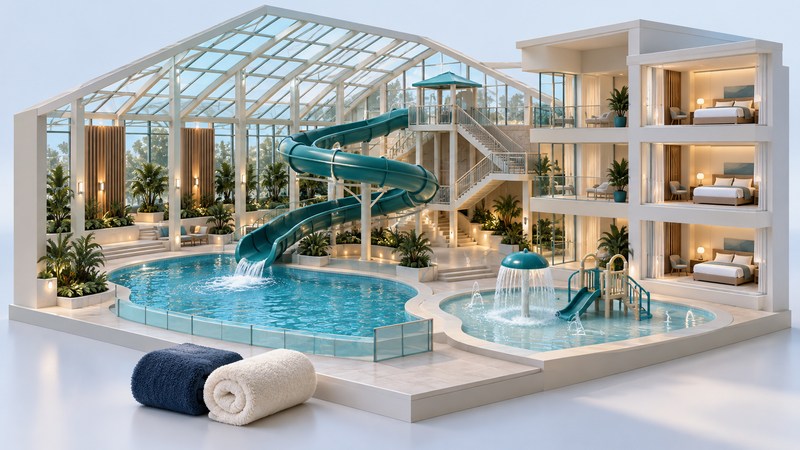 A conceptual indoor waterpark model with a curved teal slide, separate shallow pool and hotel rooms.