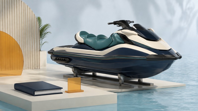 A navy and ivory personal watercraft rests on a display cradle beside a manual above a pale blue water-like surface.