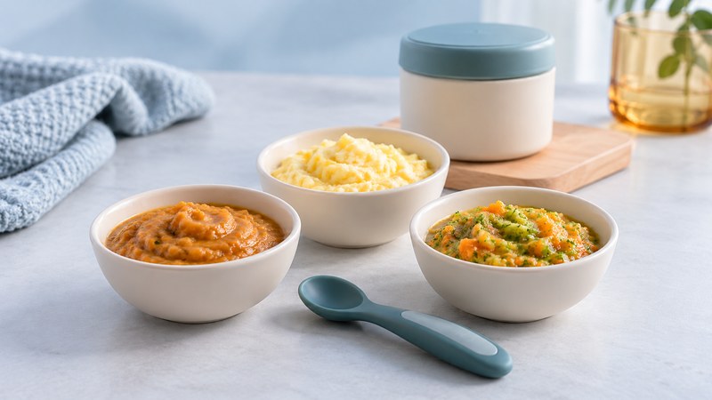 Small bowls of cooked lentil mash, mashed egg, and soft vegetables beside an infant spoon.