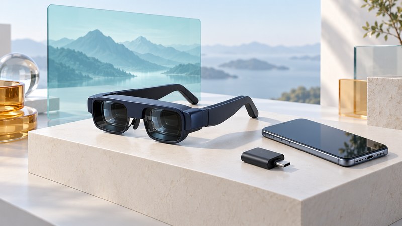 Conceptual binocular video glasses sit beside a phone and adapter, with a translucent virtual-screen illustration behind them.