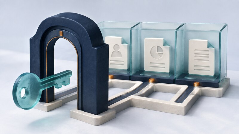 A navy gateway and translucent key connect to separate glass compartments holding documents.